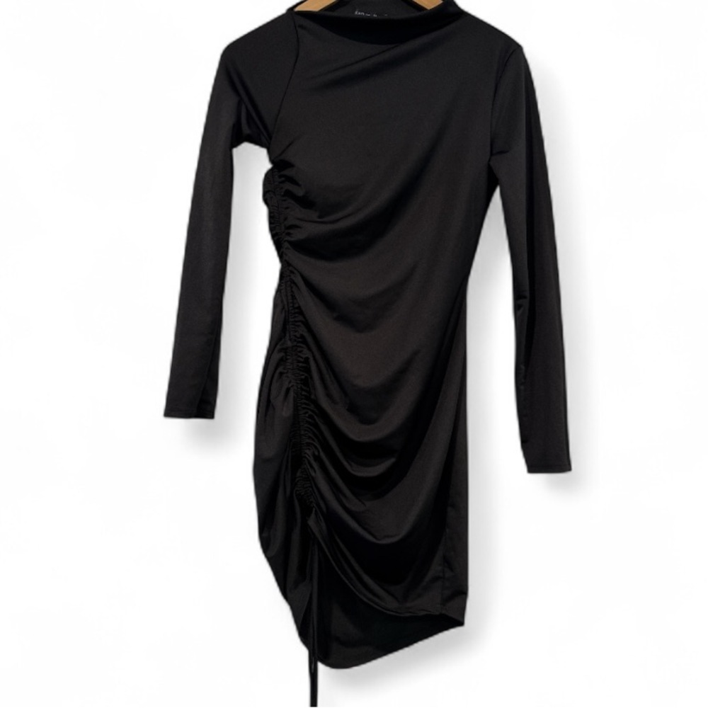 🟠 Fashion Nova Black Long Sleeve Asymmetrical Ruched Dress Size Small